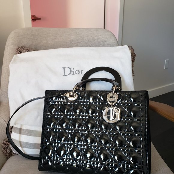 Large Lady Dior Bag - Black Patent Cannage Calfskin - Picture 3 of 6